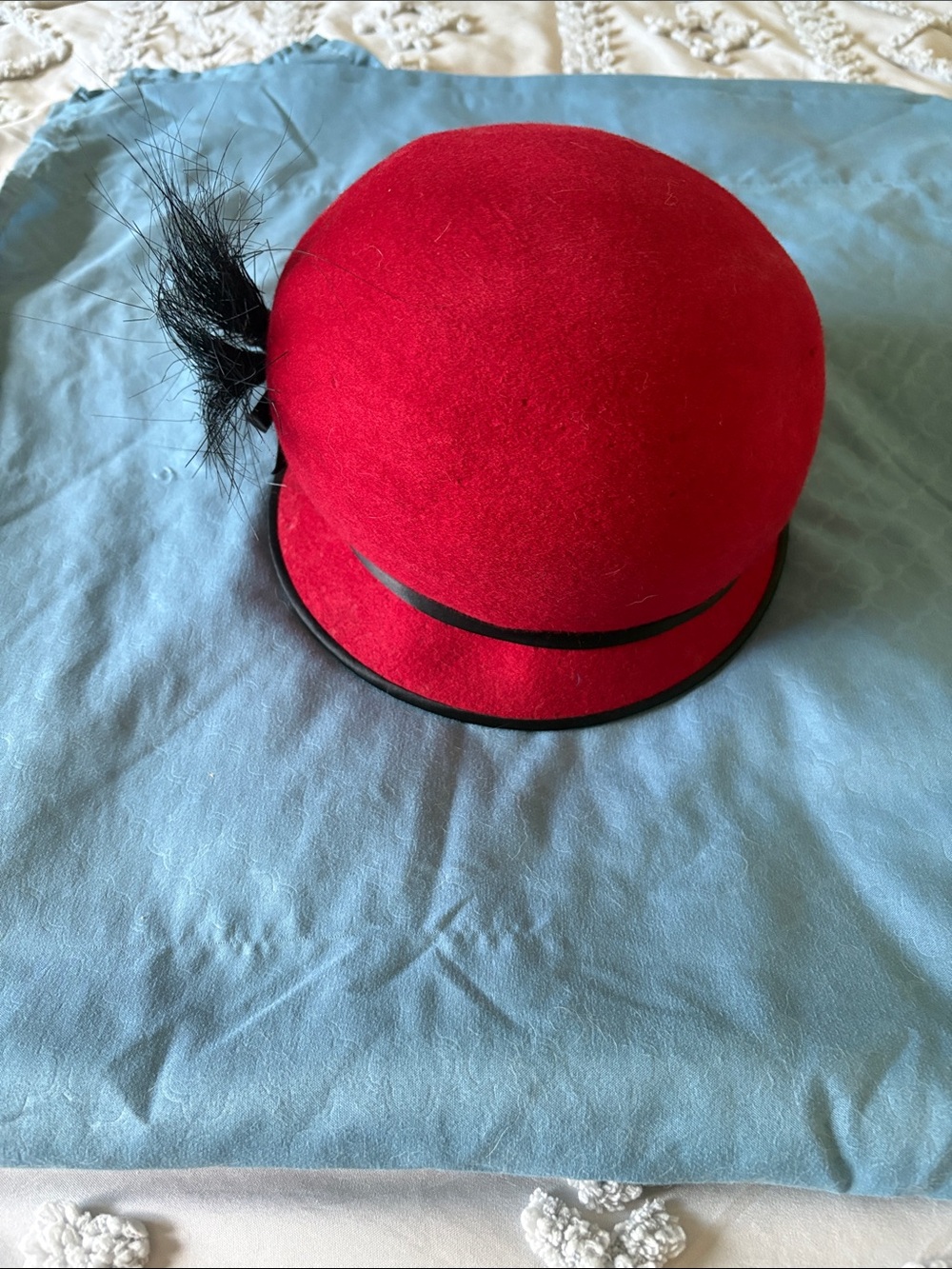 Red Wool Cloche Hat with Feather Trim - Women's Accessory